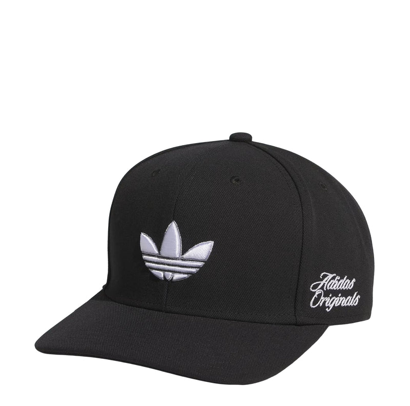 Black snapback cap with white trefoil emblem and script adidas Originals logo