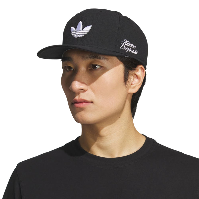 Black structured snapback cap with white adidas Originals logo and trefoil front