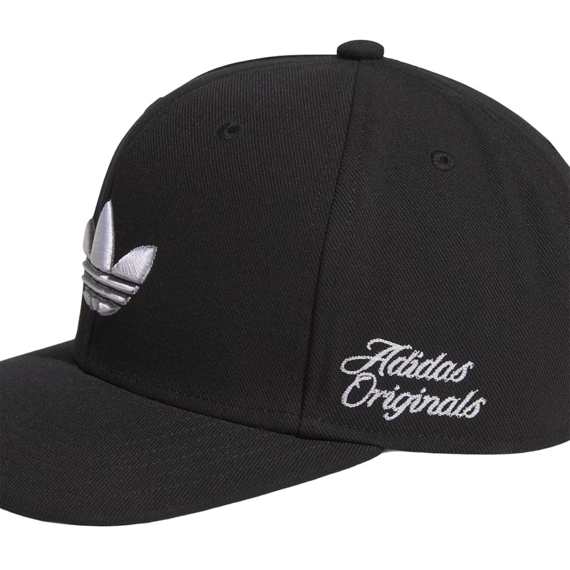 Black snapback cap close-up: white trefoil graphic and adidas Originals script on side