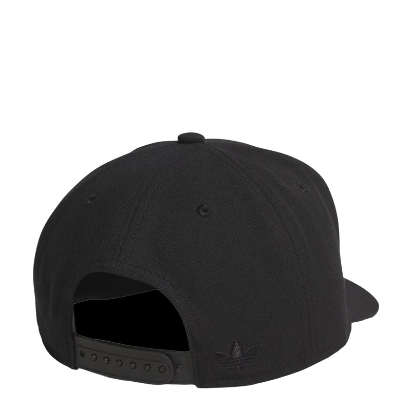 Black snapback cap back view with adjustable strap and perforated eyelets