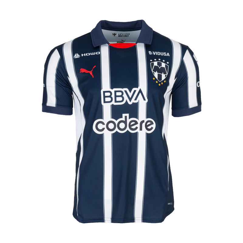 Men's Monterrey home jersey in navy with white vertical stripes and front sponsor logos