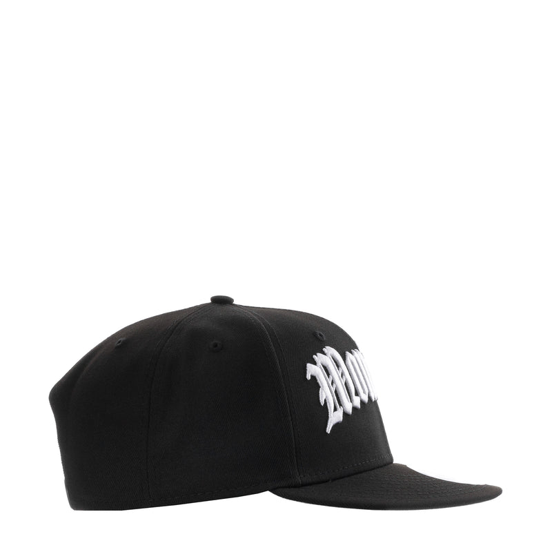 Black baseball cap with white script logo and curved brim