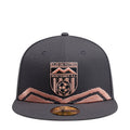 Dark grey snapback cap with embroidered crest logo and coral mountain graphic.