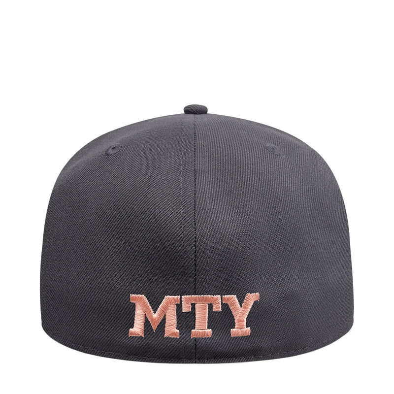 Dark grey snapback cap with coral “MTY” front embroidery.