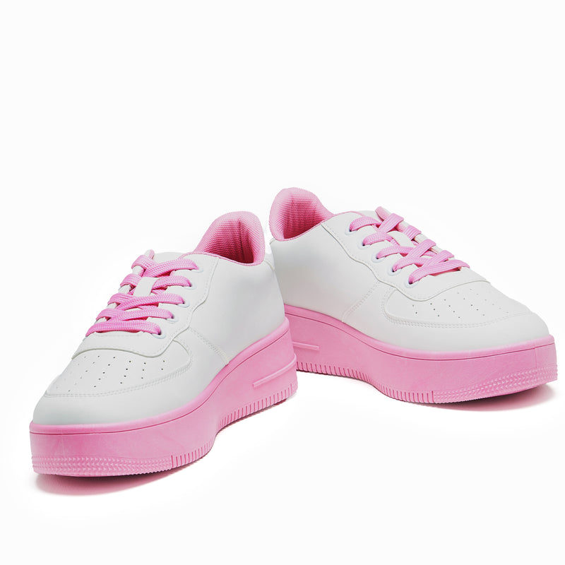 A pair of white platform trainers with pink floral embroidery on the top and a pink sole - Front View