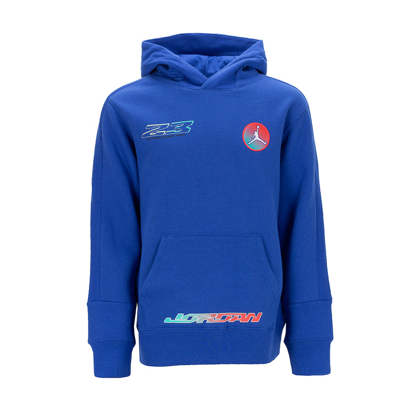 Youth blue fleece pullover hoodie with hood, front pocket, Jordan 23 logo