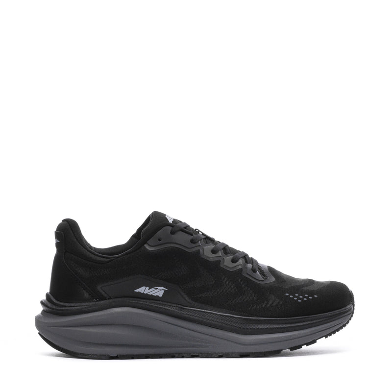 Men's black running shoe with lace-up front, AVIA logo, and gray cushioned sole
