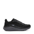 Men's black running shoe with lace-up front, AVIA logo, and gray cushioned sole