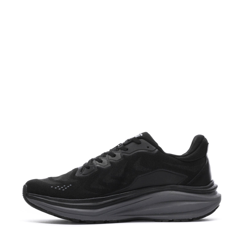 Men's black lace-up running sneaker with textured upper and layered gray midsole