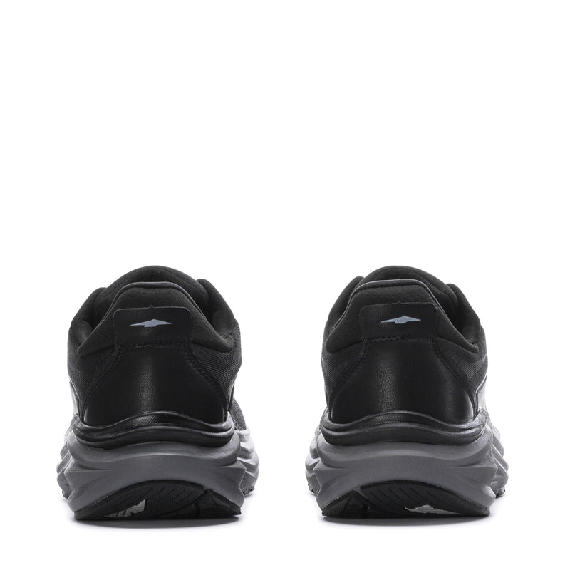 Men's black running shoes heel view with cushioned gray midsole and padded collar