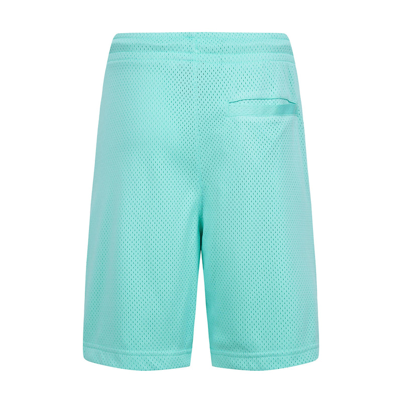 Youth turquoise/teal mesh athletic shorts with drawstring waist and textured fabric
