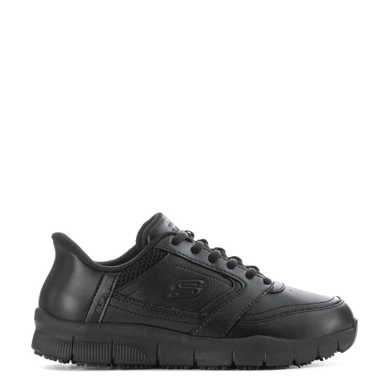 Black women's slip-in sneakers, lace-up with padded collar and chunky tread sole