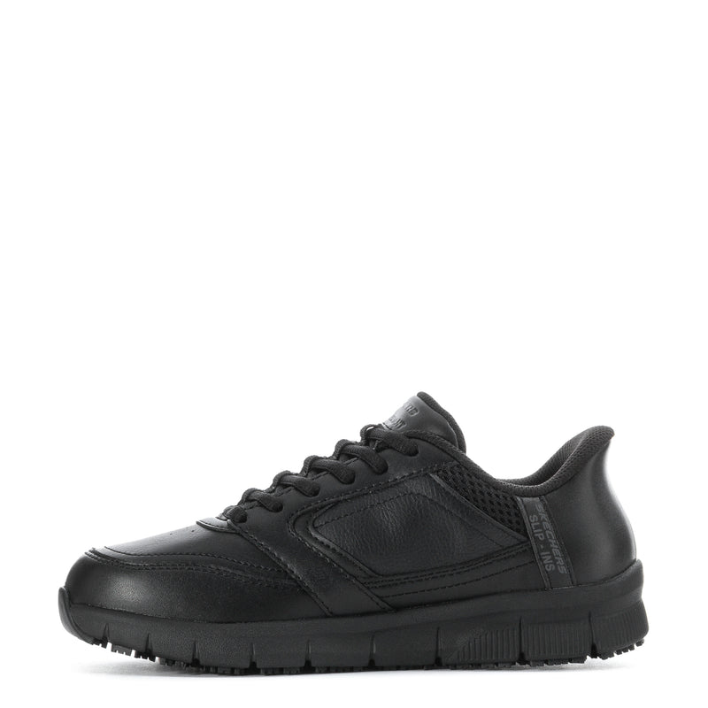 Black lace-up sneakers with cushioned upper and side logo detail, chunky rubber sole