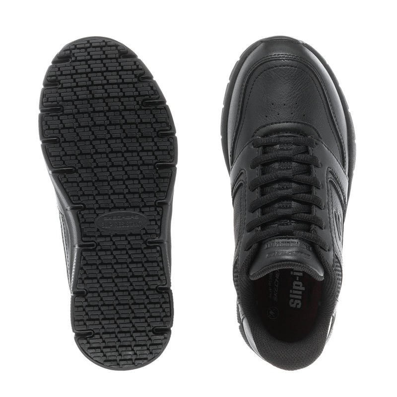 Black sneaker outsole and inner view: textured traction tread and laced upper