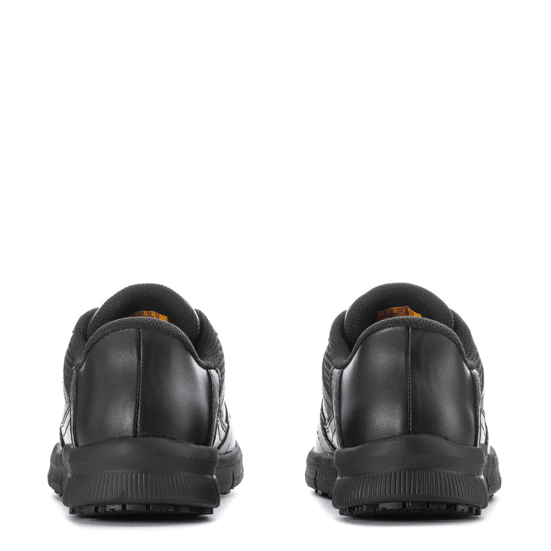 Black women's slip-in sneakers, rear view showing heel tab and cushioned back collar