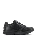 Black women's wide lace-up sneaker with rugged tread outsole, Skechers; side view