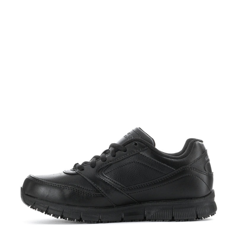 Black women's wide lace-up sneaker with grippy tread sole, Skechers; angled side view