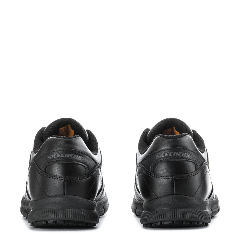 Black women's wide lace-up sneakers, Skechers; back view with heel tabs and logo