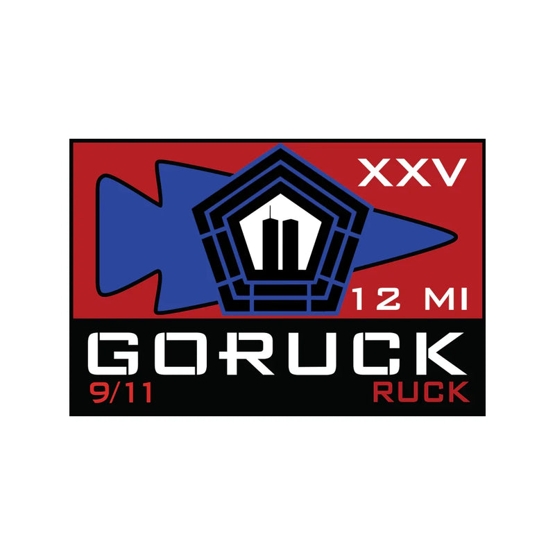 GORUCK 9/11 ruck patch with Pentagon, Twin Towers, blue arrow, 12 miles, XXV text