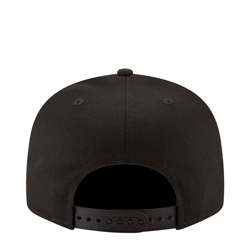 Black baseball cap back view with adjustable strap and ventilation eyelets