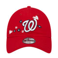 Kids red baseball cap with embroidered Washington W and floral heart accents