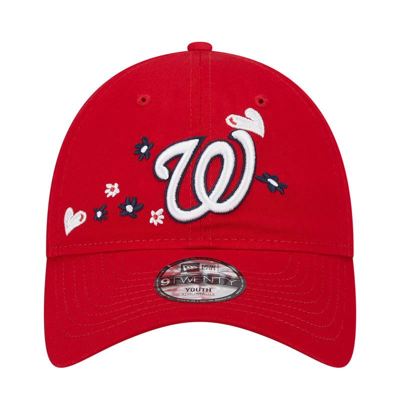 Kids red baseball cap with embroidered Washington W and floral heart accents