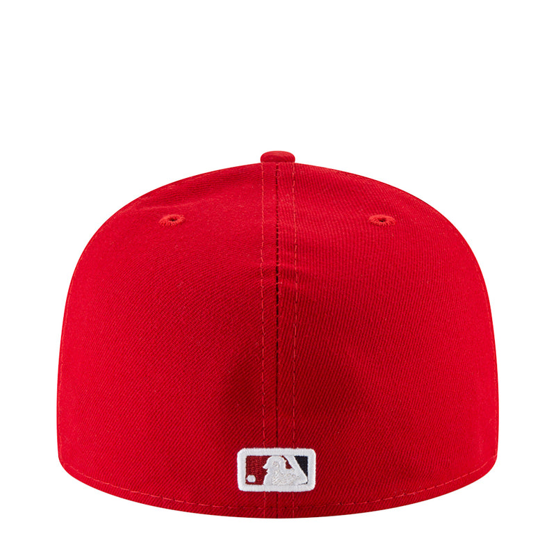 Red baseball cap back view with MLB logo patch at center