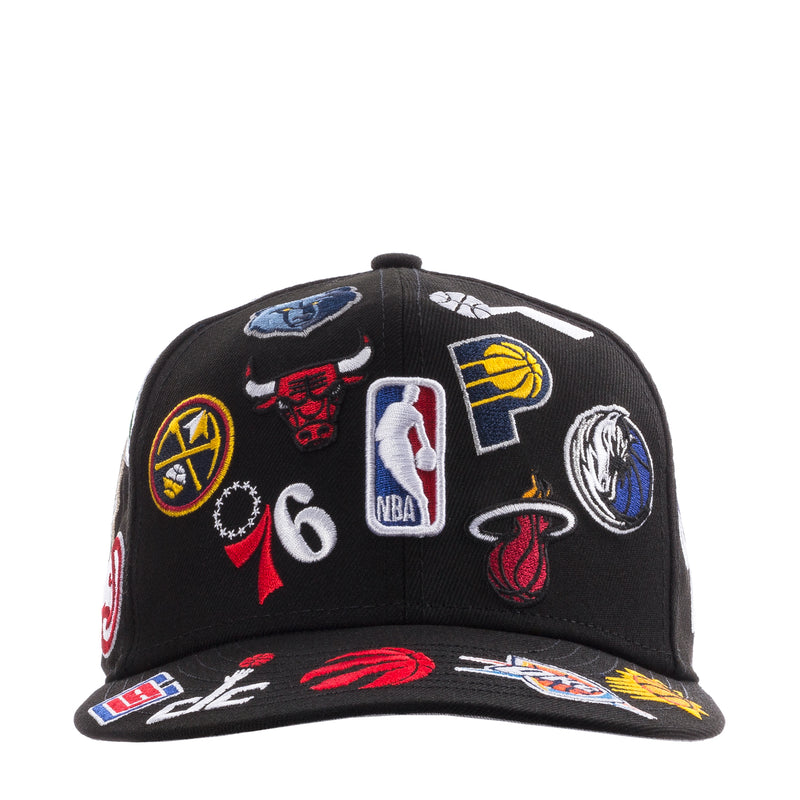 Black baseball cap with colorful NBA team logo patches and curved brim