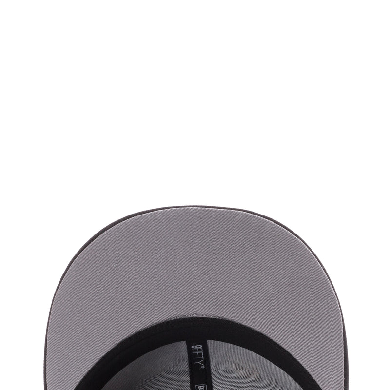 Cap brim underside in gray with black trim and textured fabric