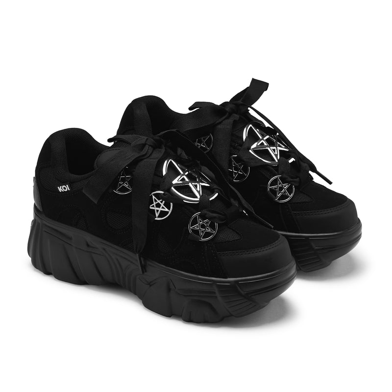 Black Chunky Platform Trainers Top View - single