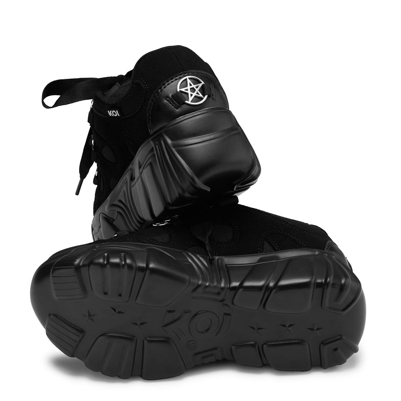Necromancer Chunky Platform Trainers - Black - One Shoe with Sole View and One Shoe with Back View