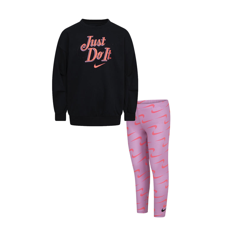 Kids black crew sweatshirt with 'Just Do It' graphic and pink Nike swoosh leggings