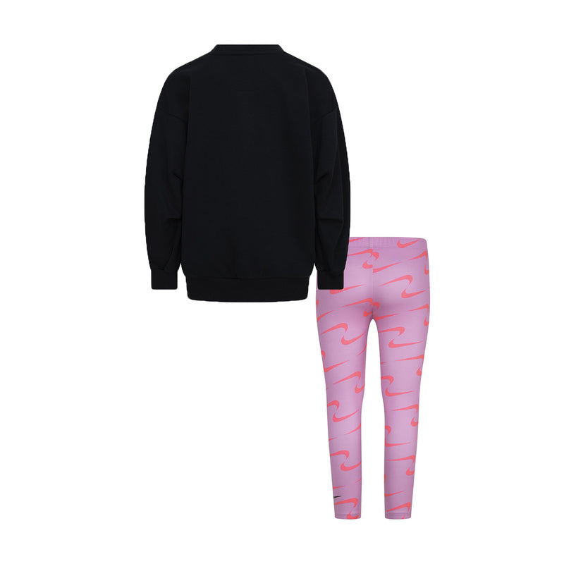 Kids black crew sweatshirt back view with pink Nike swoosh patterned leggings