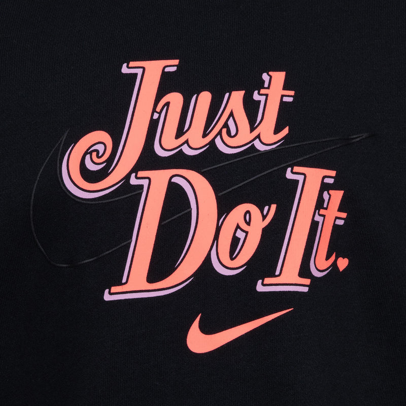Kids black crew sweatshirt front close-up with 'Just Do It' print and Nike swoosh