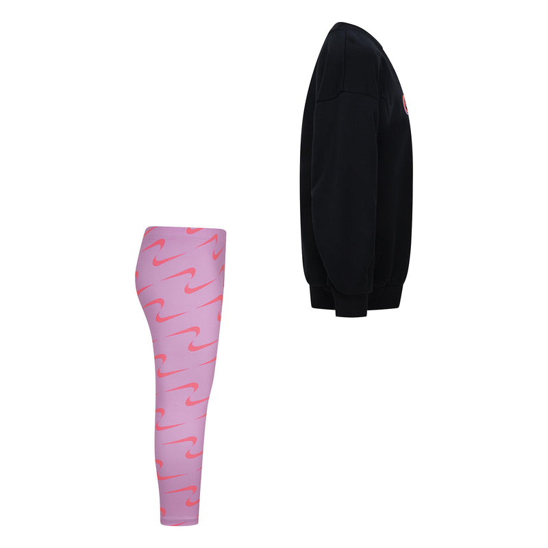 Kids black crew sweatshirt and pink Nike swoosh leggings, angled back view