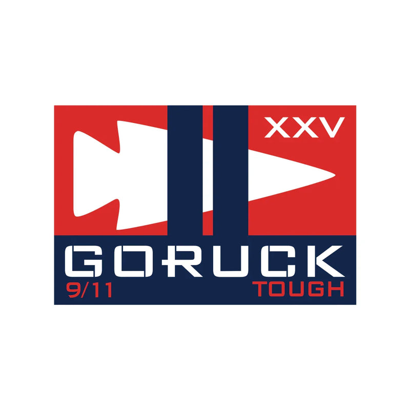GORUCK 9/11 Tough event logo with arrowhead, Roman numerals XXV, and bold red, white, blue design.