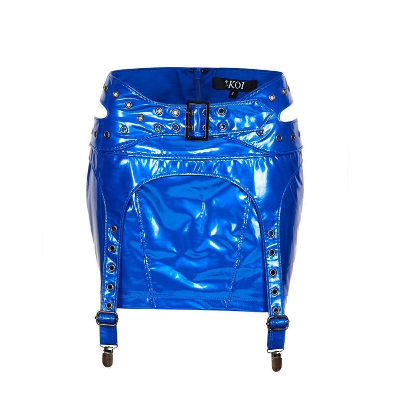 Blue metallic skirt with suspenders on a white background
