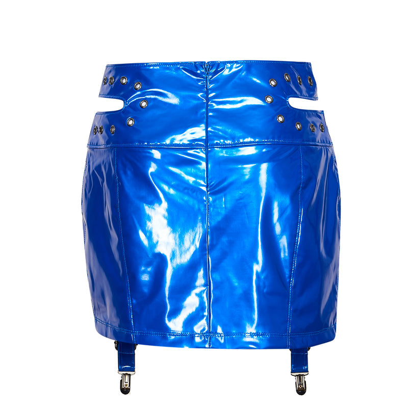 Blue metallic skirt with cut-out design and studded details on a white background