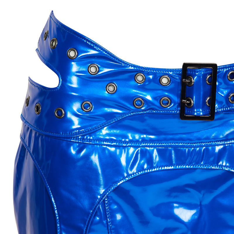 Blue shiny leather belt with metallic buckle on a white background