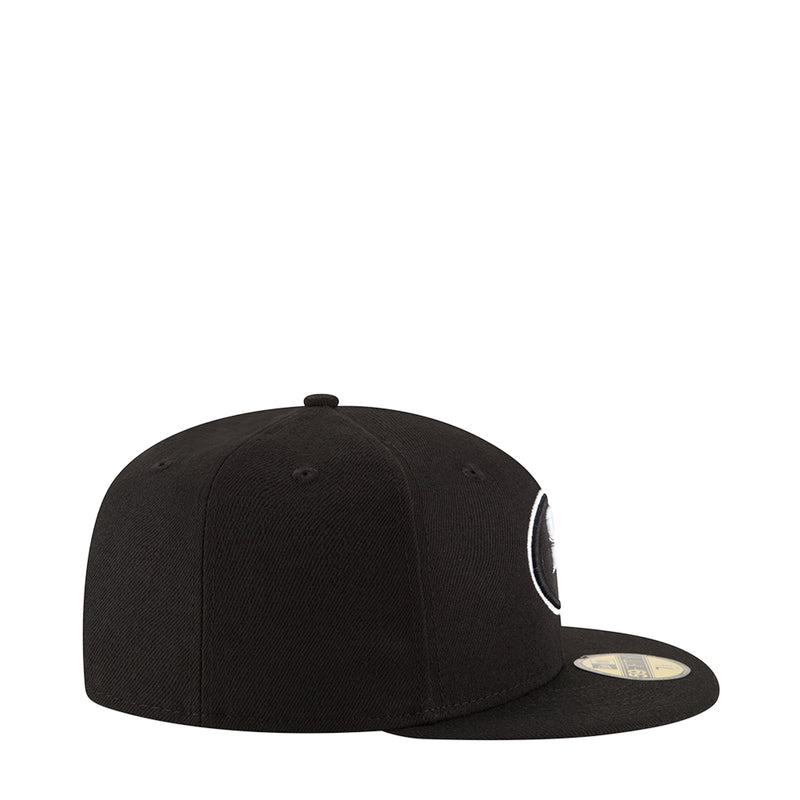 Black baseball cap with white side logo and curved brim