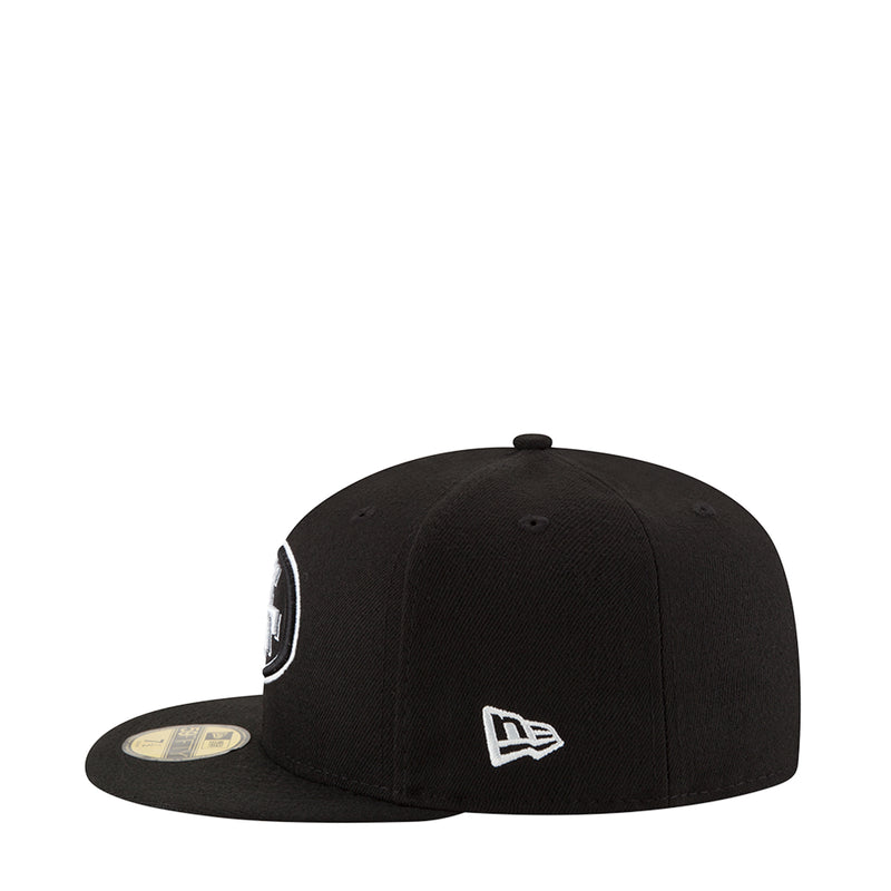Black baseball cap with New Era flag logo on side and flat brim