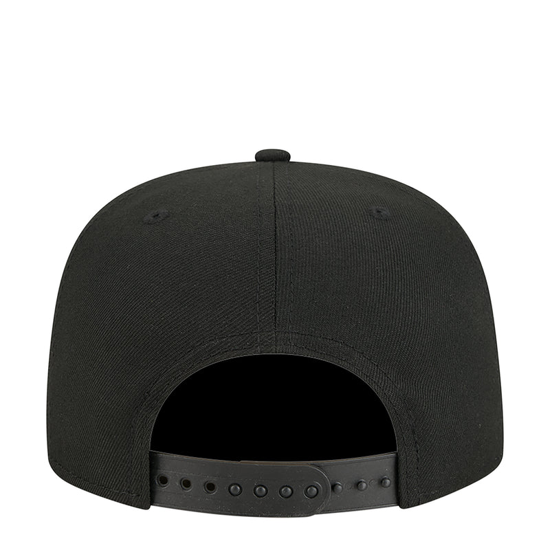 Black baseball cap back view with adjustable strap and vent eyelets