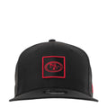 Black baseball cap with red square patch logo