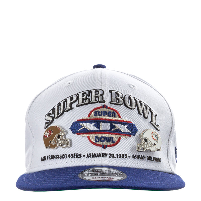 White and blue two-tone baseball cap with Super Bowl XIX patch on front