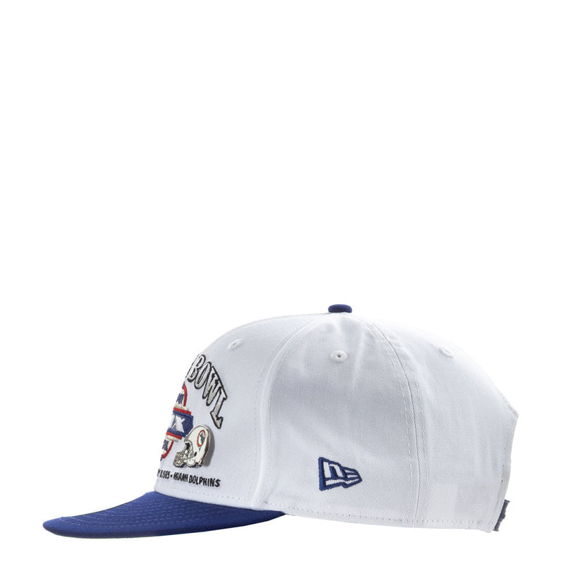 White two-tone baseball cap back view with embroidered text and New Era logo