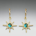 Gold sun-shaped earrings with turquoise centers on a gray background