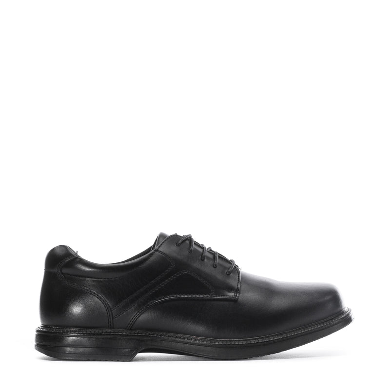 Men's black leather oxford shoe with lace-up front and rounded toe