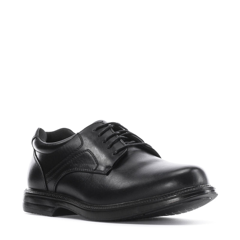 Men's black leather lace-up oxford shoe, side view with stitched panels