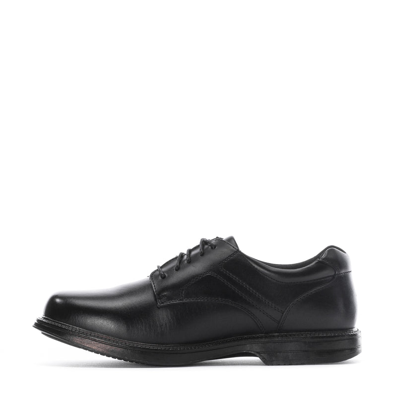 Men's black leather oxford shoe, angled side view with low profile sole