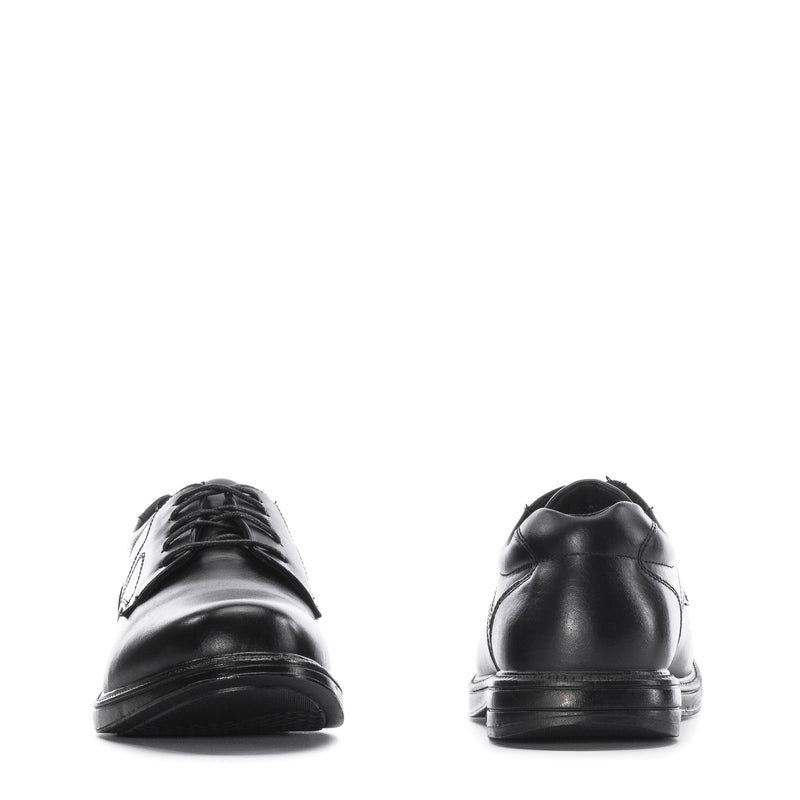 Men's black leather oxford shoe, back and front heel views with lace-up closure